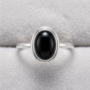 Genuine Black Onyx Solitaire Ring - Minimalist Sterling Silver Oval Cabochon